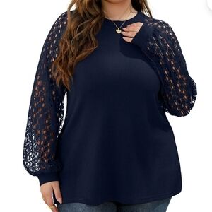 Miholl Elegant Navy Lace Sleeve Blouse